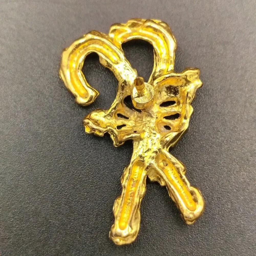 Vintage Gold Tone Candy Cane Bow Brooch Pin Clear Rhinestone Holiday Christmas